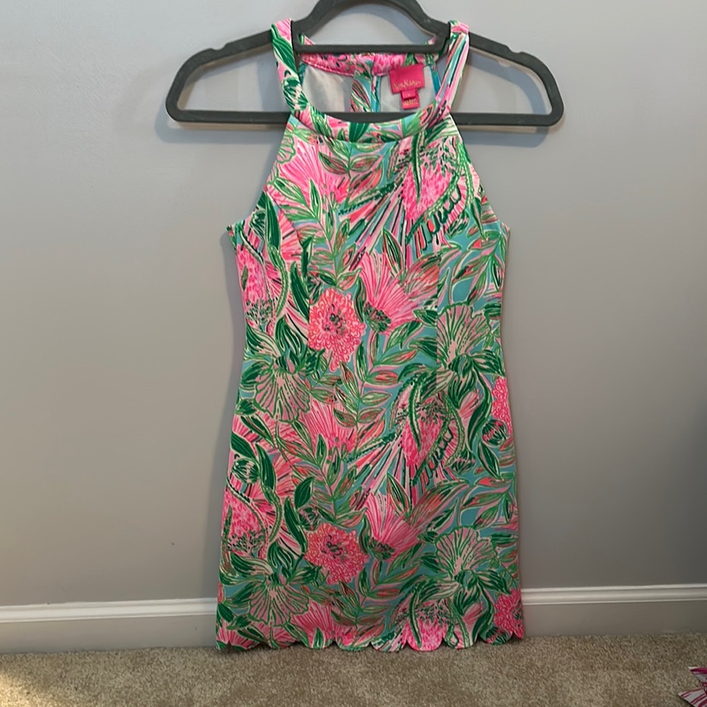 Lilly Pulitzer Pink and Green Halter Floral Sophelia shift dress.  Girl 12.